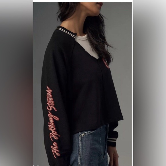 Anthropologie Pilcro Rolling Stones V Neck Sweatshirt Sticky Fingers Logo M - Picture 3 of 8